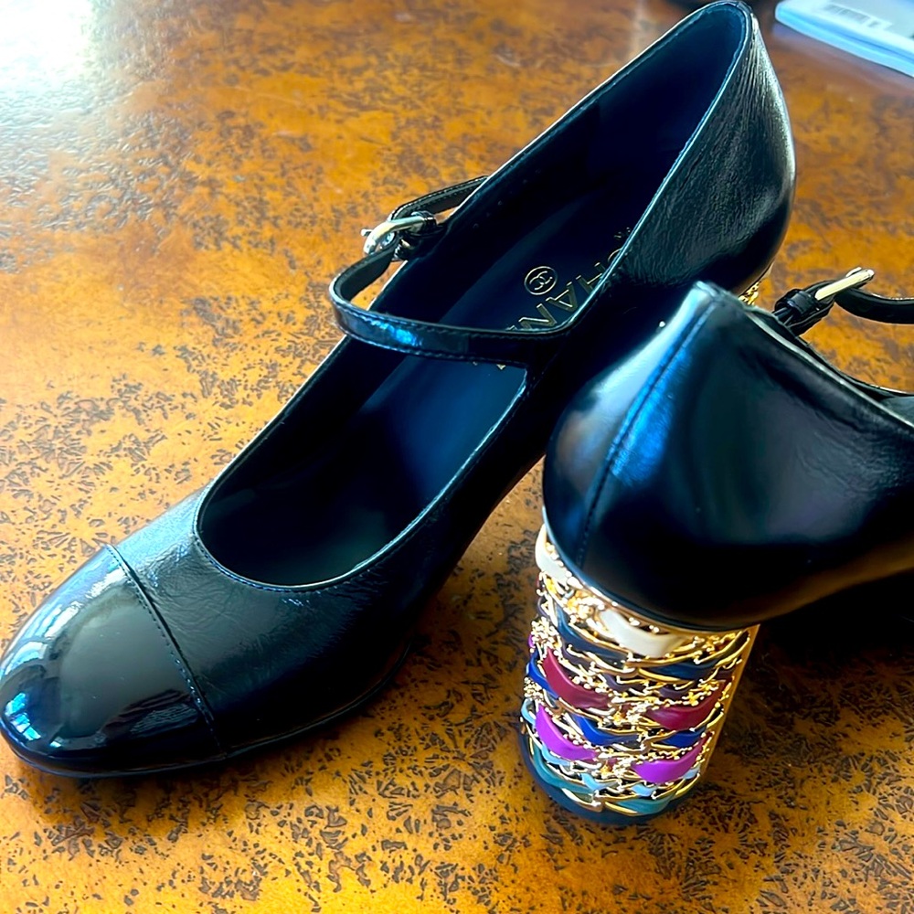 Chanel Mary Janes leather and metal heel with ribbon 39.5IT